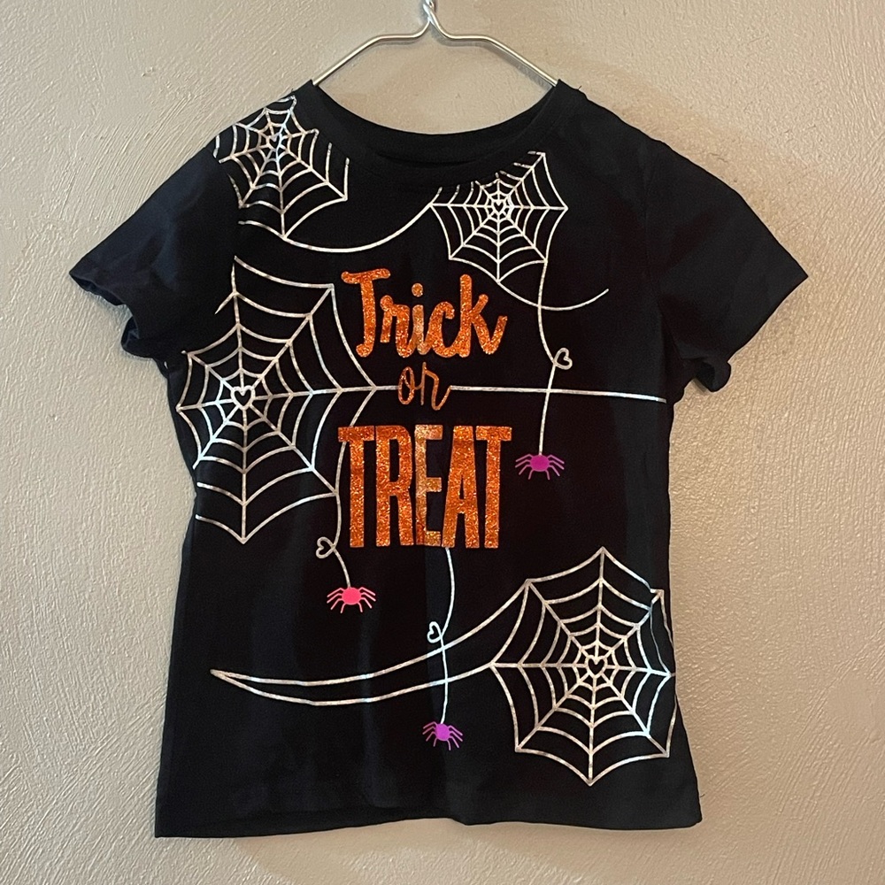 Way To Celebrate Halloween Kids Tee Black Trick or Treat Spiderweb Glitter L